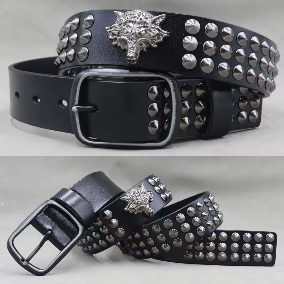 Genuine Leather Rivet Belt for Men – Punk Skull & Animal Stud Belt, 3.8cm – photo 4