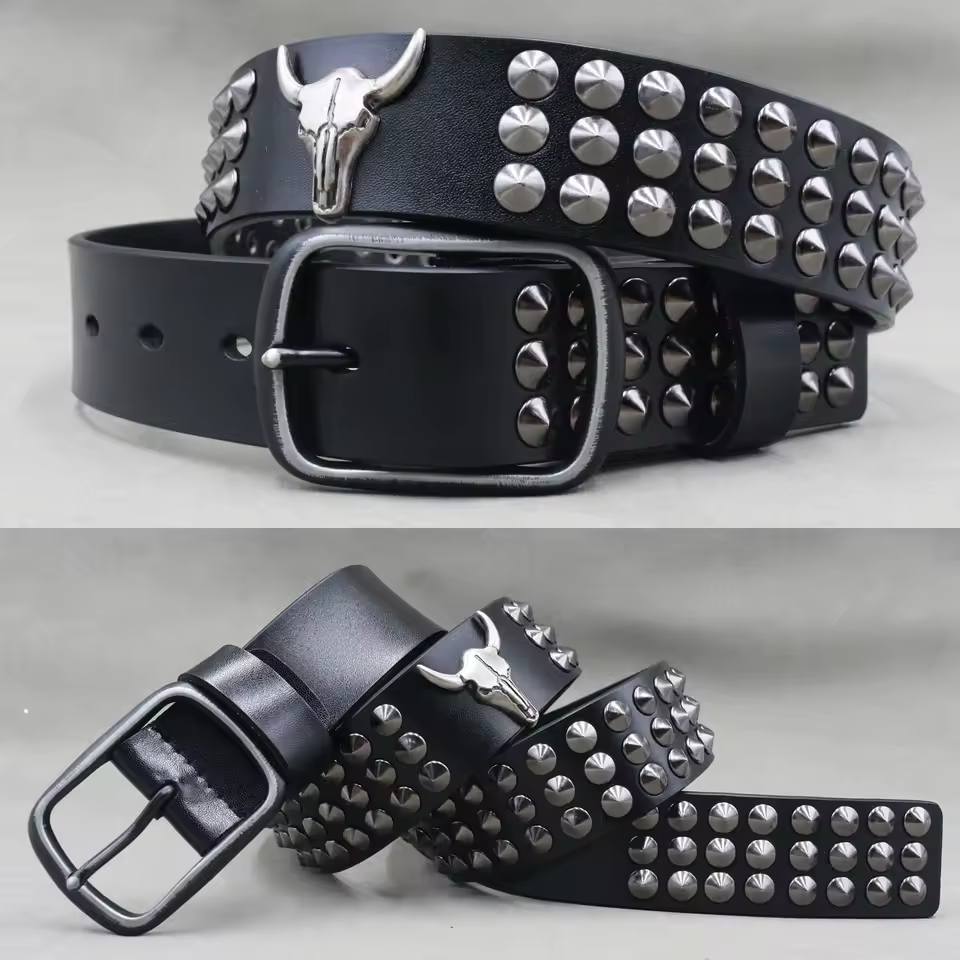 Genuine Leather Rivet Belt for Men – Punk Skull & Animal Stud Belt, 3.8cm – photo 5