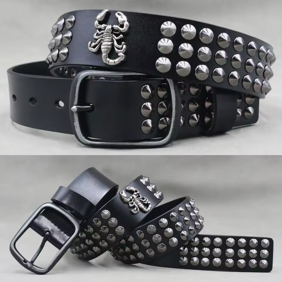 Genuine Leather Rivet Belt for Men – Punk Skull & Animal Stud Belt, 3.8cm – photo 7