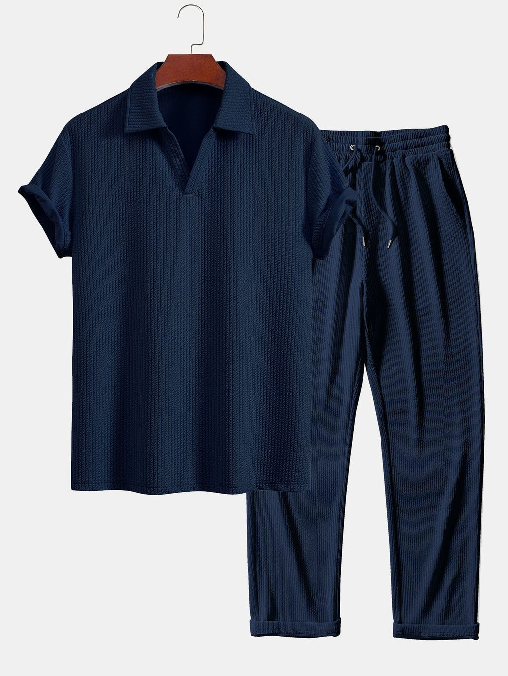 Textured V-Neck Polo & Trousers Set | Elmont
