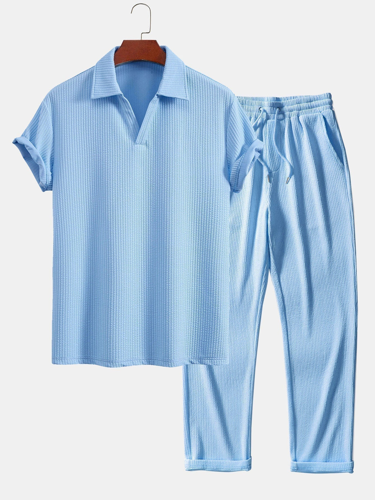 Textured V-Neck Polo & Trousers Set – photo 3