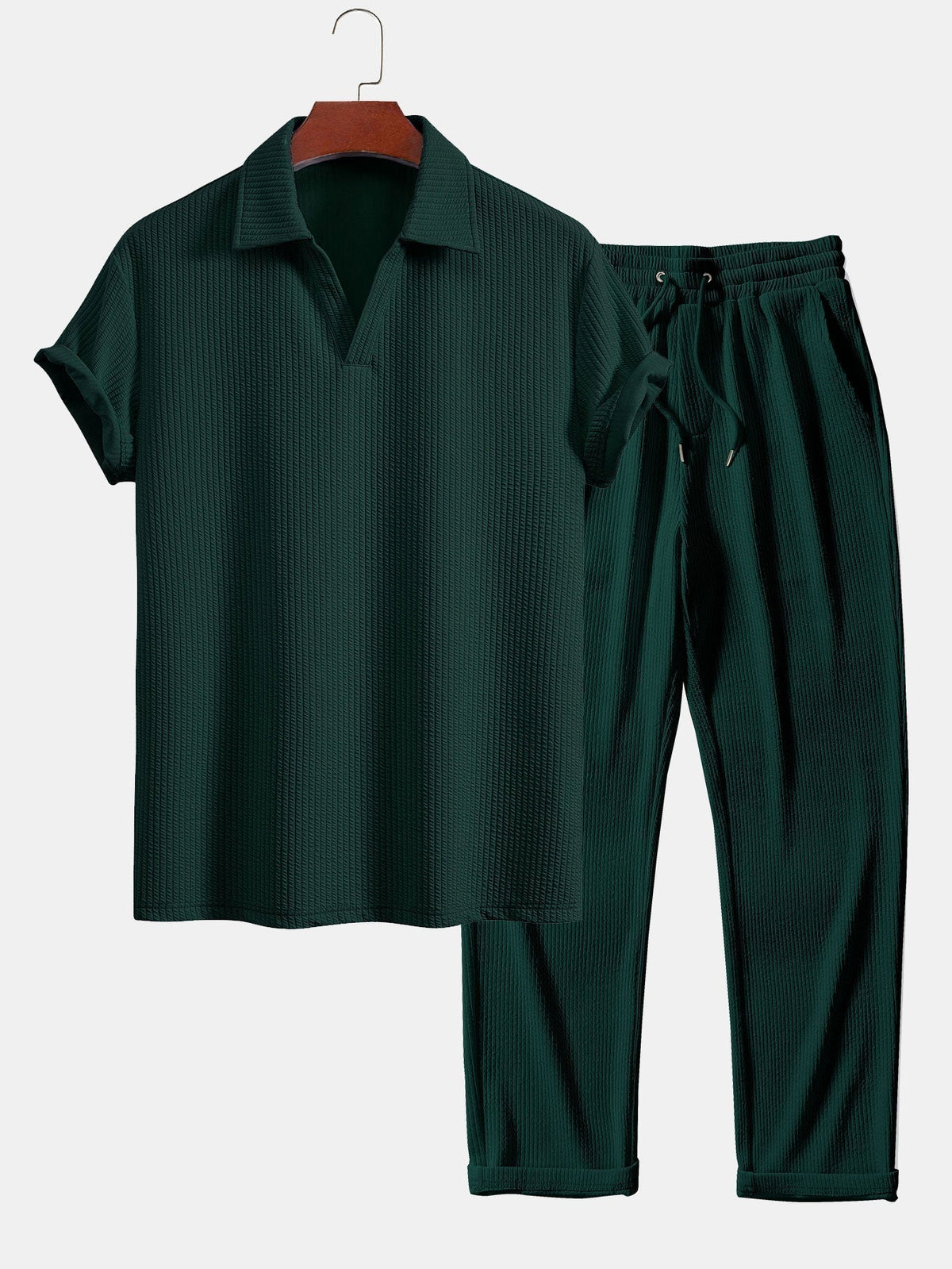 Textured V-Neck Polo & Trousers Set – photo 5